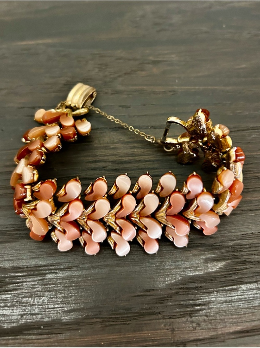 Vintage Coro 1950s Pink Thermoset Bracelet Gold Tone Signed Pegasus